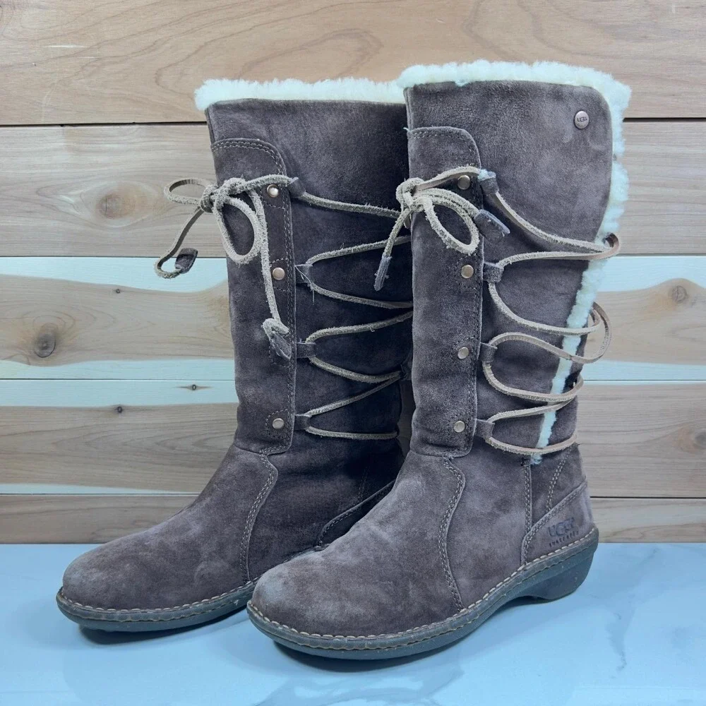 UGG Australia Sunburst Tall Suede Sheepskin Boots Brown Lace Up Womens 7